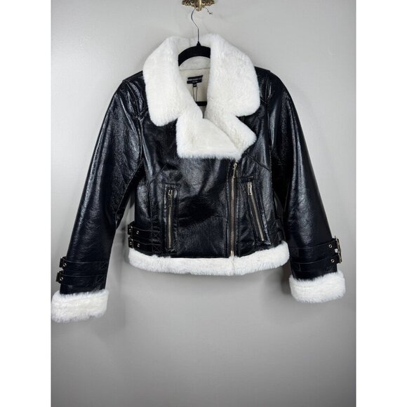 NWT Generation Love Dion Faux Fur Shearling Moto Jacket Black White Size XXS - Picture 4 of 7